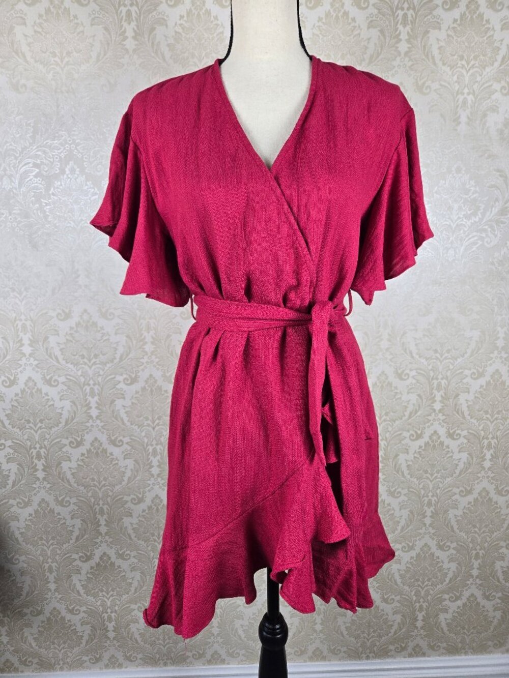 Mustard Seed Size Small Red Wrap Dress Ruffle Details Self Tie Belt Flutter Slv